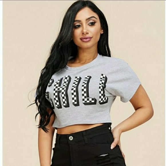 Women’s Heather Gray Short Sleeve Graphic Lettering Cropped Top Shirt - Picture 1 of 2